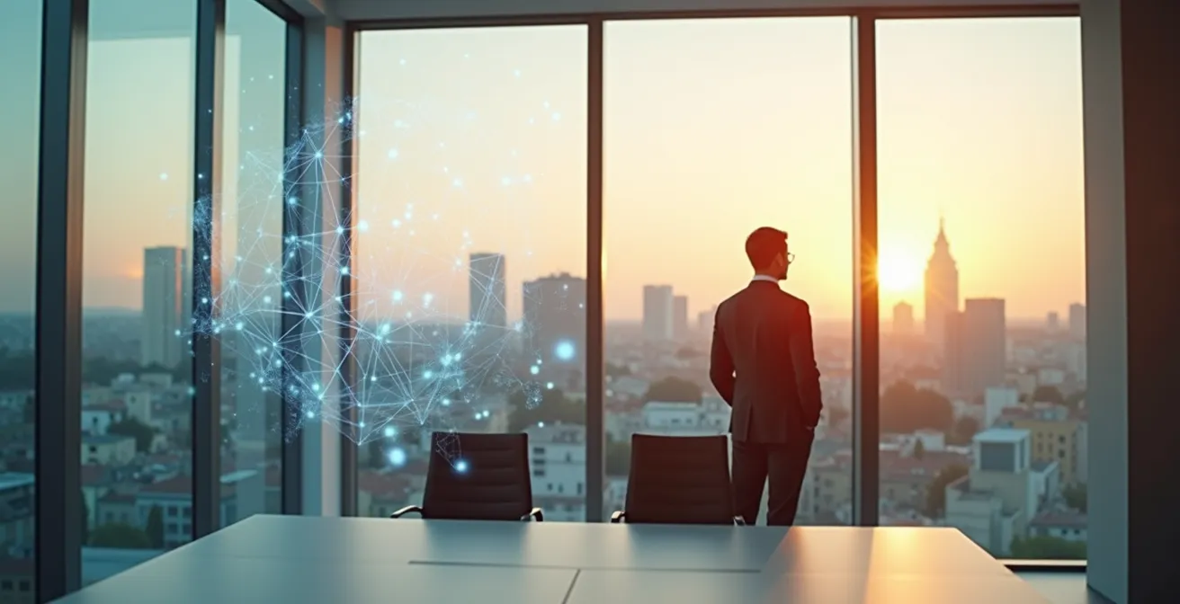 Visualización del algoritmo de LinkedIn analizando perfiles profesionales en un entorno de oficina moderno en Madrid