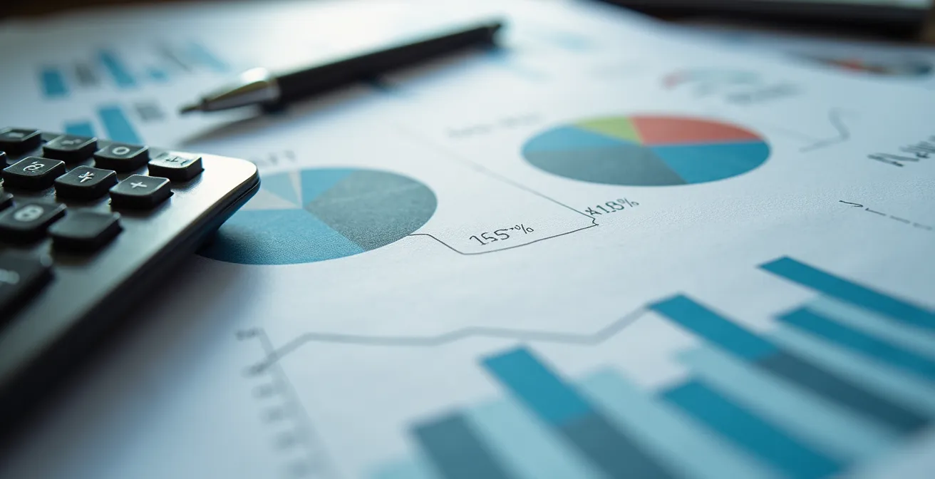 Detalle macro de documentos financieros con gráficos y calculadora