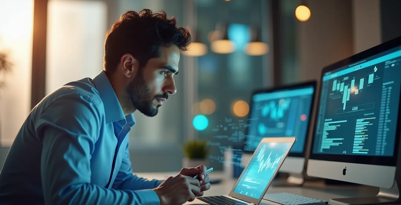 Vista aérea de profesional analizando datos de inversión en sectores emergentes españoles