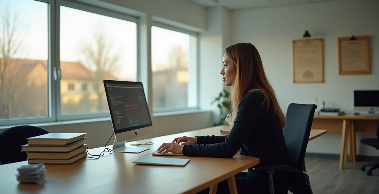Persona revisando perfiles profesionales en pantalla con documentos académicos