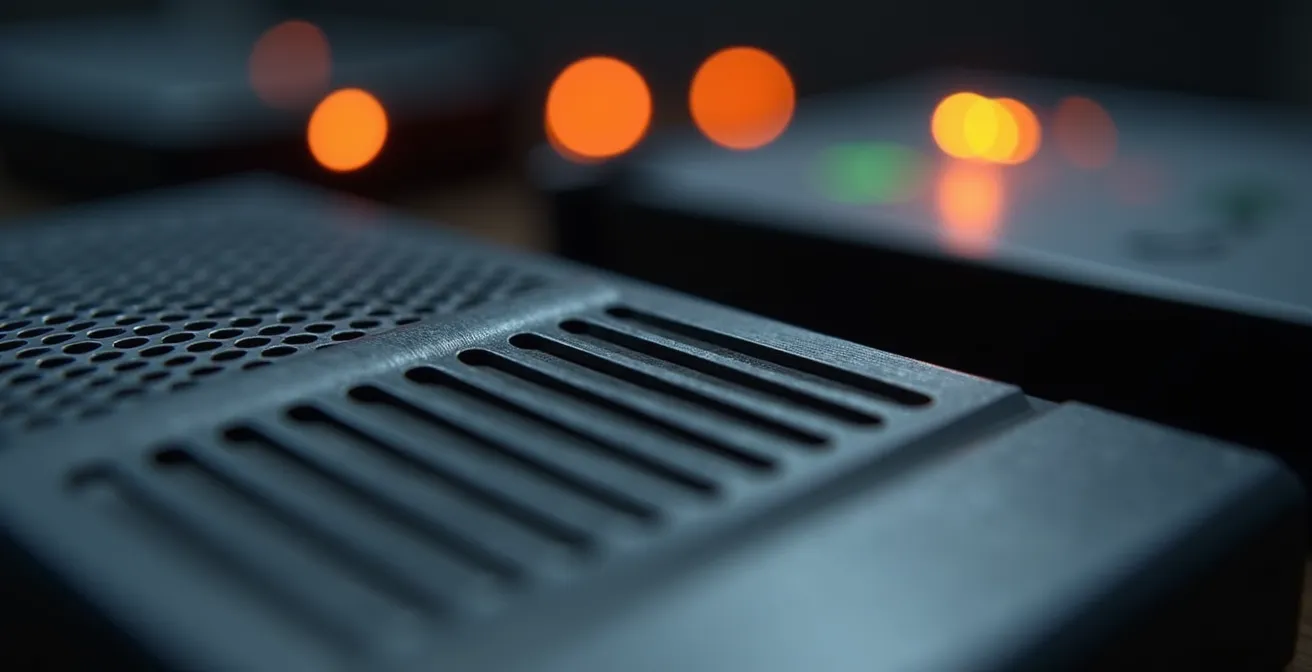 Vista macro de múltiples dispositivos de almacenamiento conectados mostrando la redundancia del backup