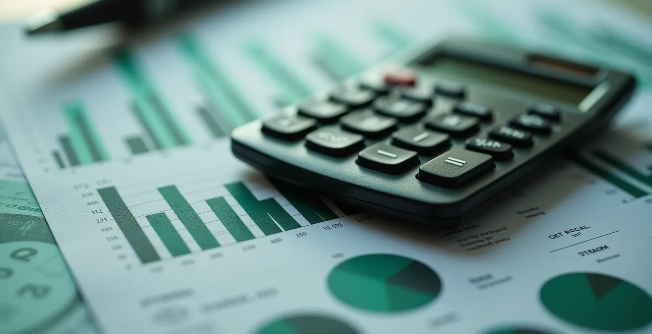 Vista macro de calculadora profesional mostrando análisis financiero