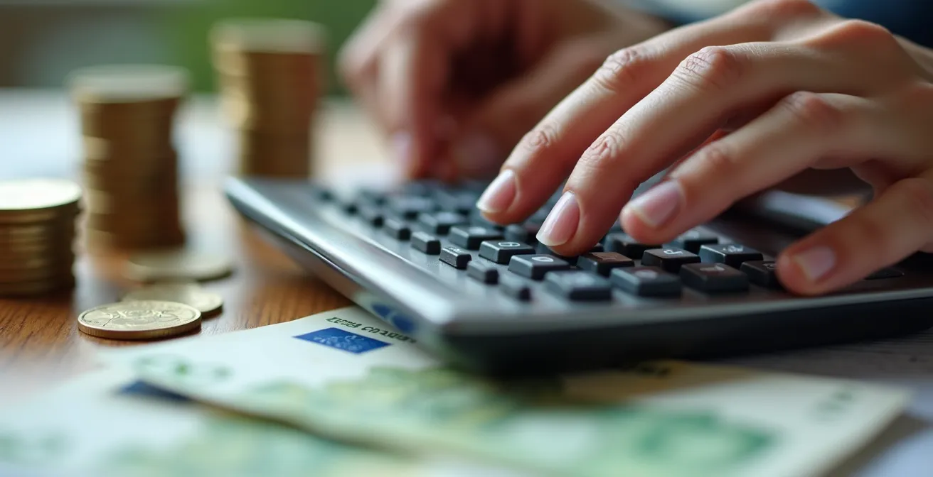 Manos usando calculadora con monedas y billetes de euro borrosos al fondo