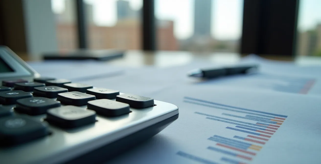 Vista macro de calculadora y gráficos financieros con skyline de Barcelona al fondo