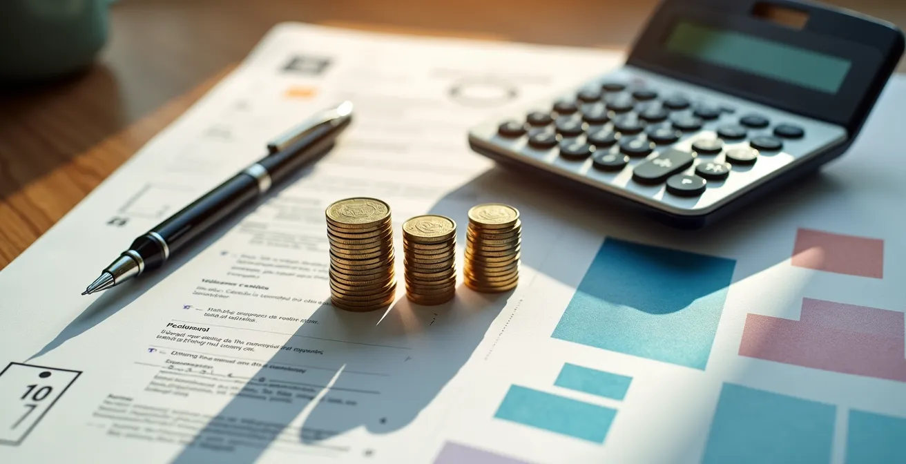 Calculadora y documentos de nómina sobre mesa de oficina con luz natural