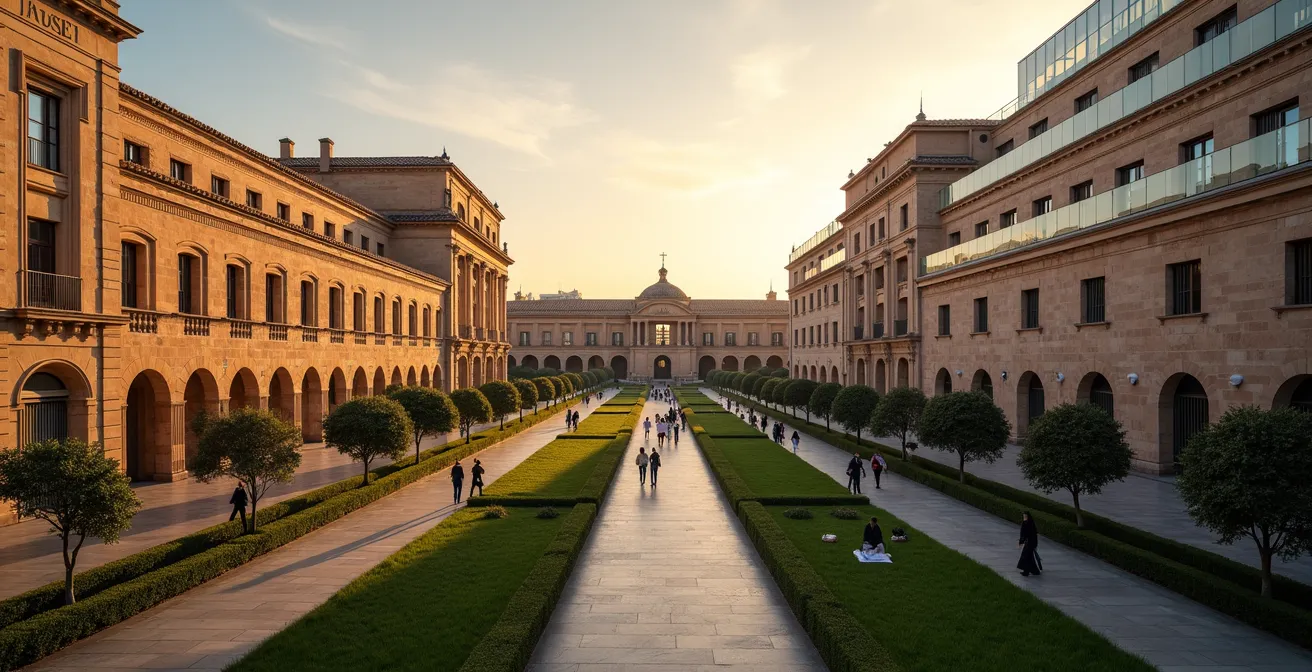 Vista panorámica contrastando arquitectura universitaria histórica y moderna en ciudad española