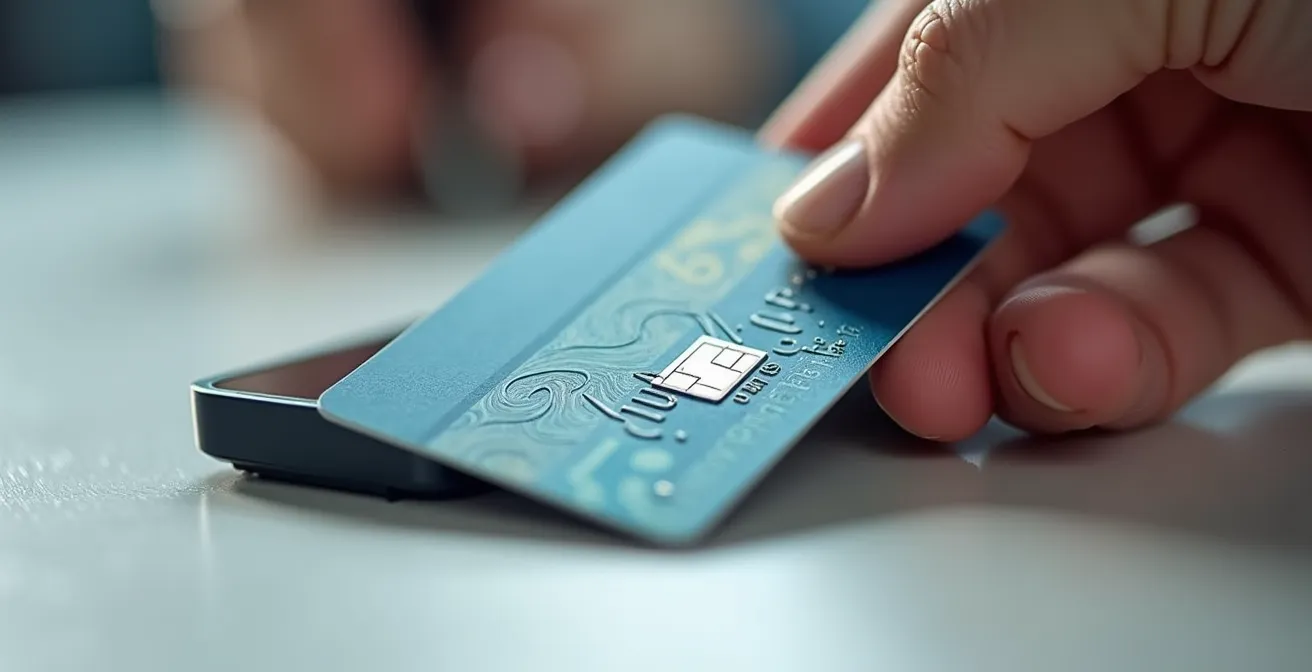 Manos sosteniendo tarjeta DNIe junto a dispositivo lector de certificados