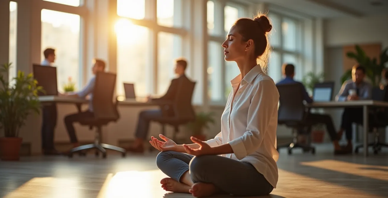 Un profesional meditando en una oficina moderna con vistas a una ciudad española al atardecer, representando la calma antes del trabajo.