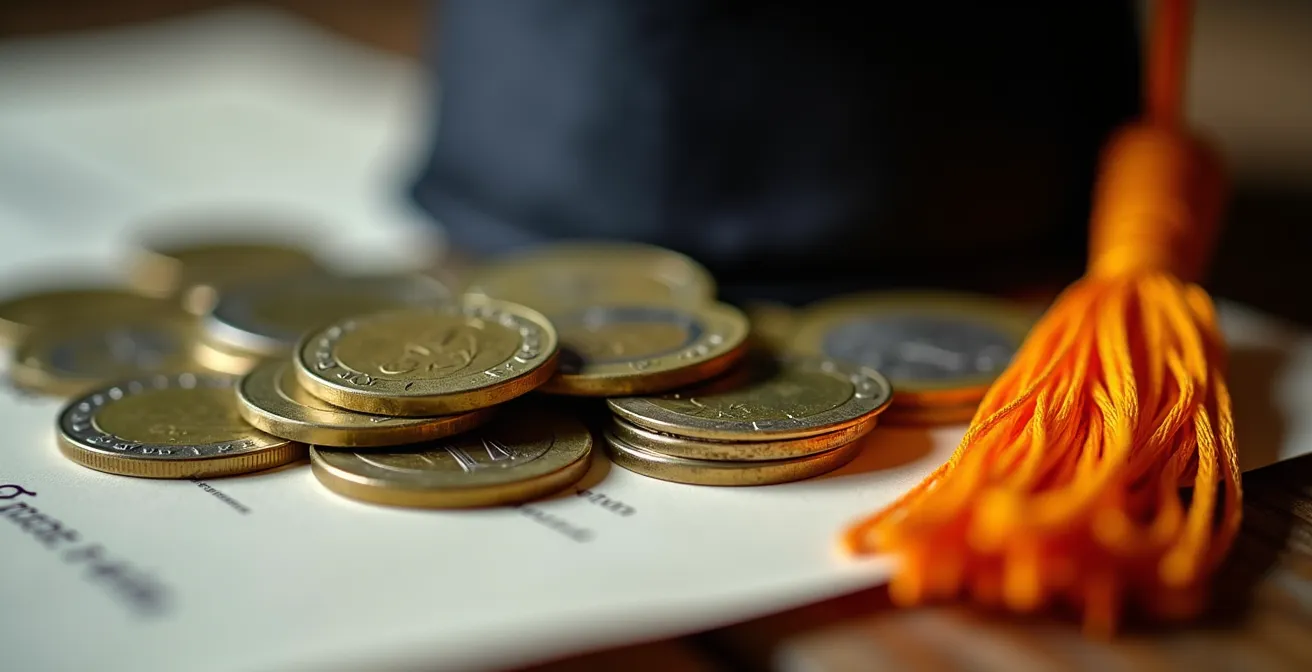 Balanza simbólica comparando costes y beneficios de educación universitaria