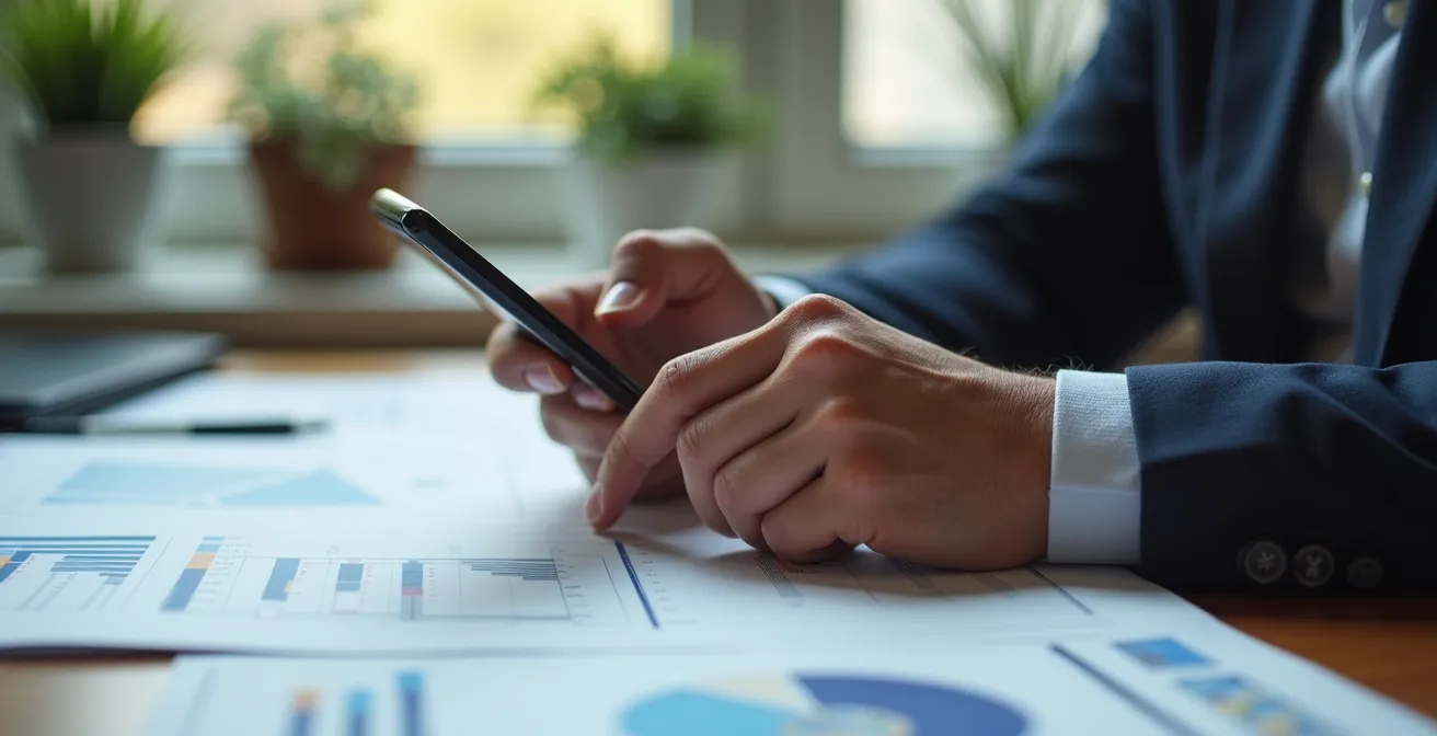 Manos profesionales configurando notificaciones en smartphone con papeles de trabajo borrosos alrededor