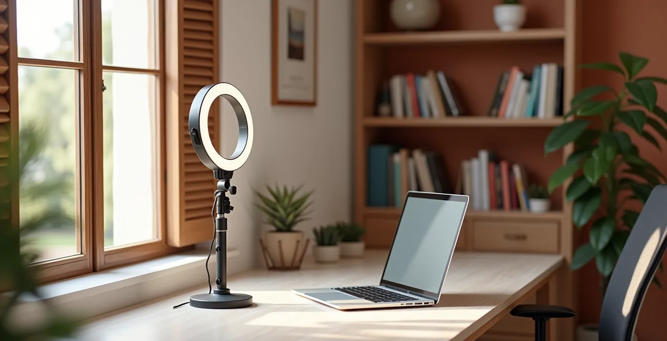 Configuración profesional de home office para entrevista por videollamada con iluminación y postura correctas