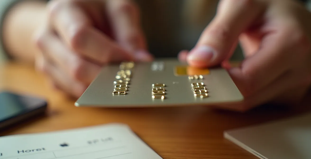 Estudiante universitario gestionando finanzas con tarjeta bancaria y aplicación móvil