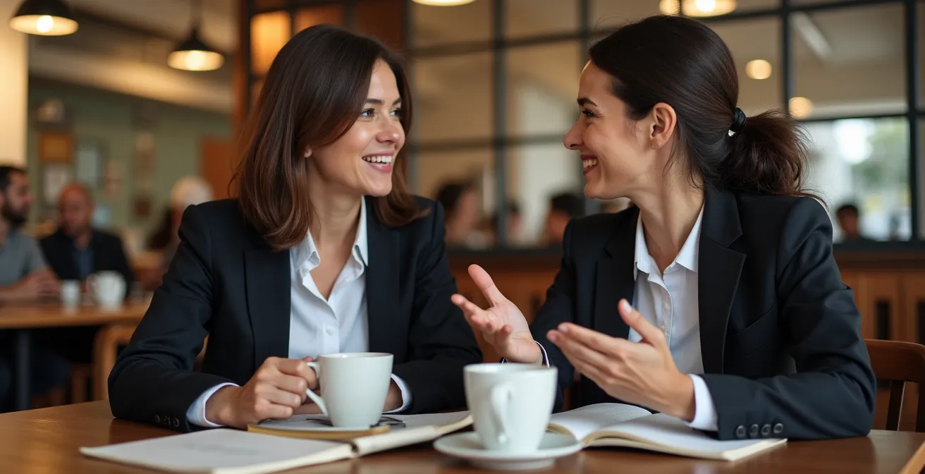 Dos profesionales manteniendo una conversación constructiva en un ambiente informal de cafetería