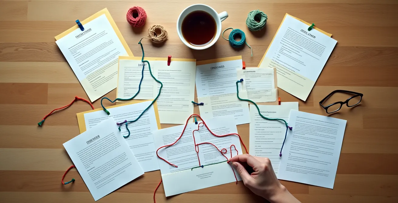 Vista cenital de mesa con documentos organizados en forma de diagrama de flujo, mostrando conexiones familiares