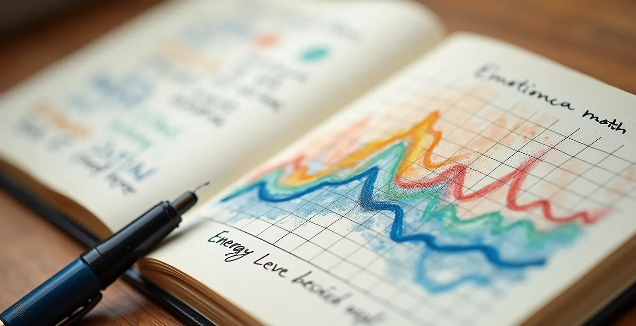 Un primer plano de un cuaderno con gráficos abstractos que representan los niveles de energía emocional en un entorno de trabajo español.