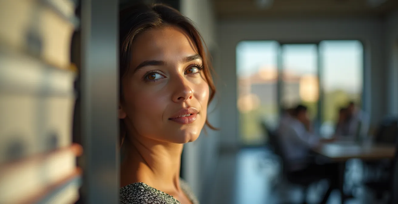 Joven profesional contemplando opciones entre universidad y oficina moderna