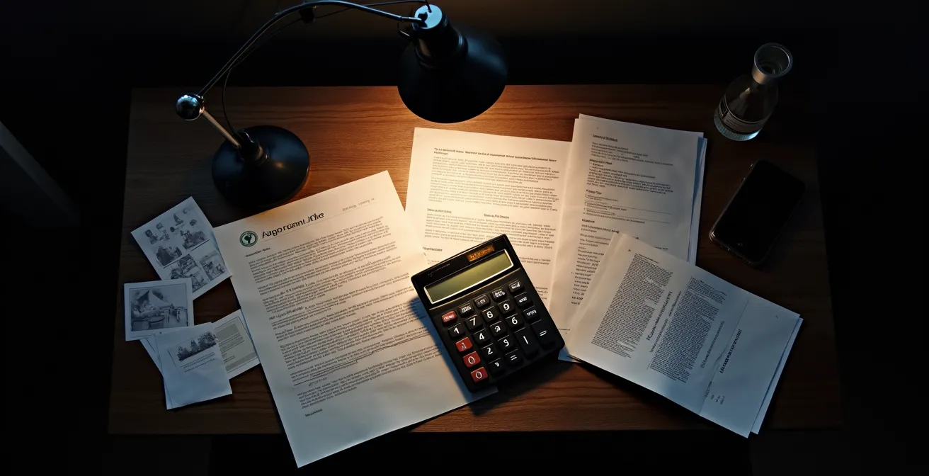 Mesa con facturas universitarias impagadas, calculadora y documentos de reclamación esparcidos