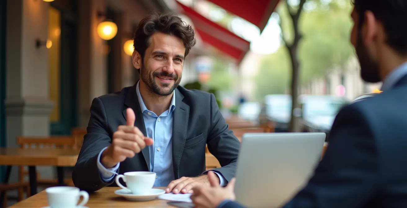 Profesional autónomo español mostrando su web personal en una reunión con cliente