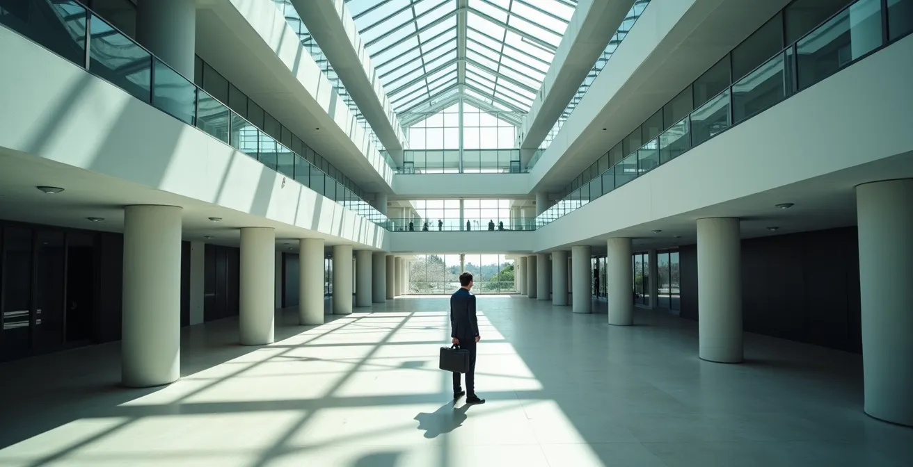 Profesional en cruce de caminos tomando decisión de carrera