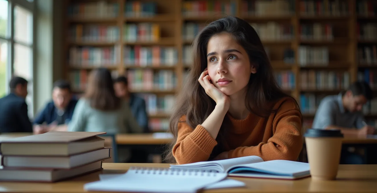 Estudiante universitario reflexivo en biblioteca con libros y agenda, mostrando gestión del tiempo