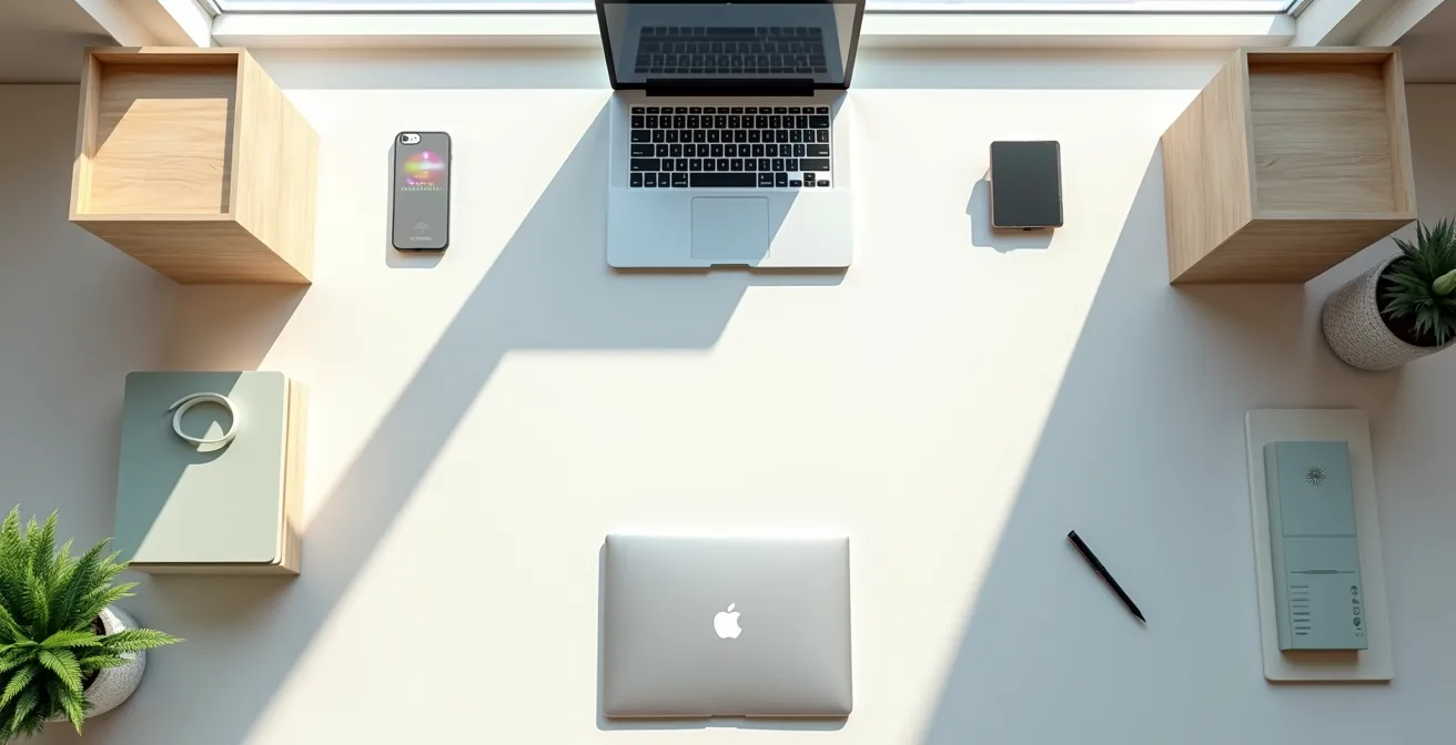 Vista aérea minimalista de un escritorio con elementos organizados geométricamente