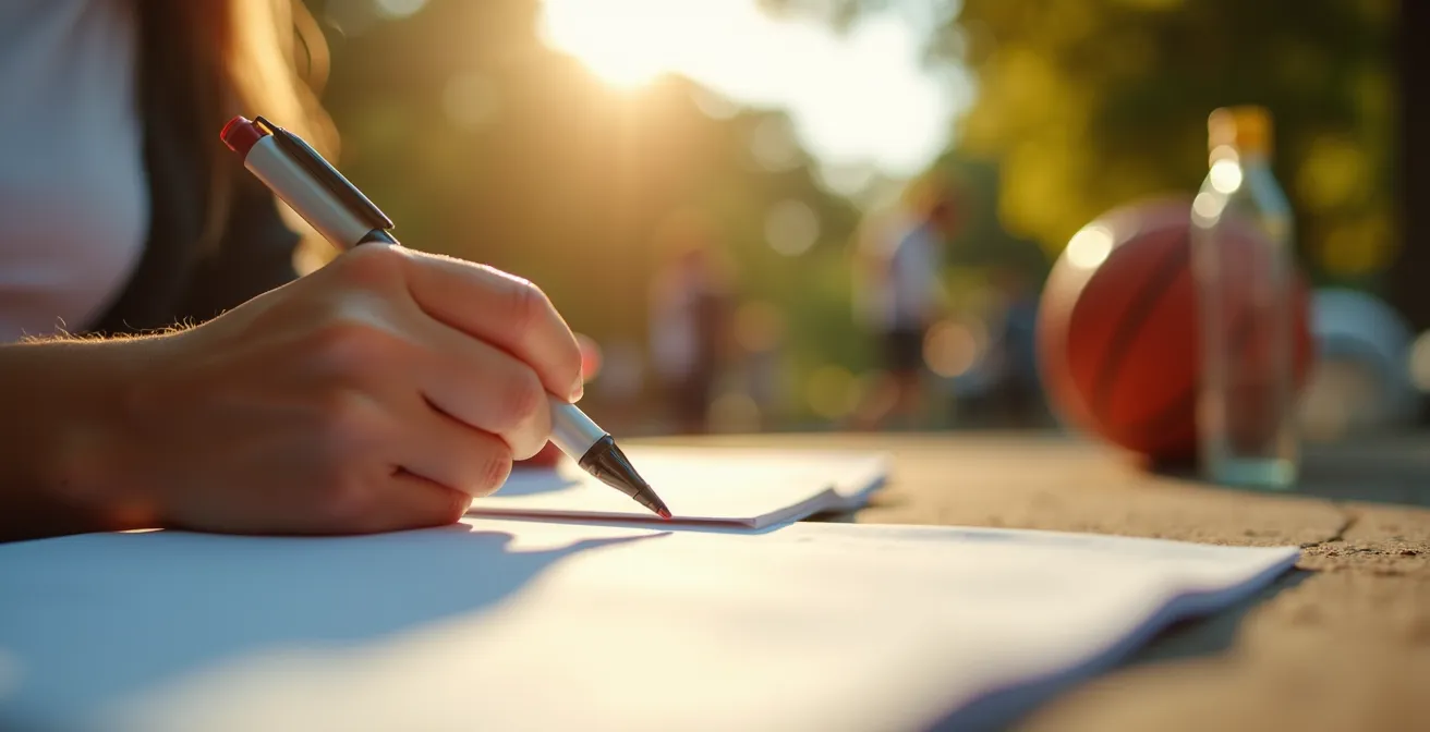 Estudiante universitario en parque estudiando con amigos y equipamiento deportivo visible