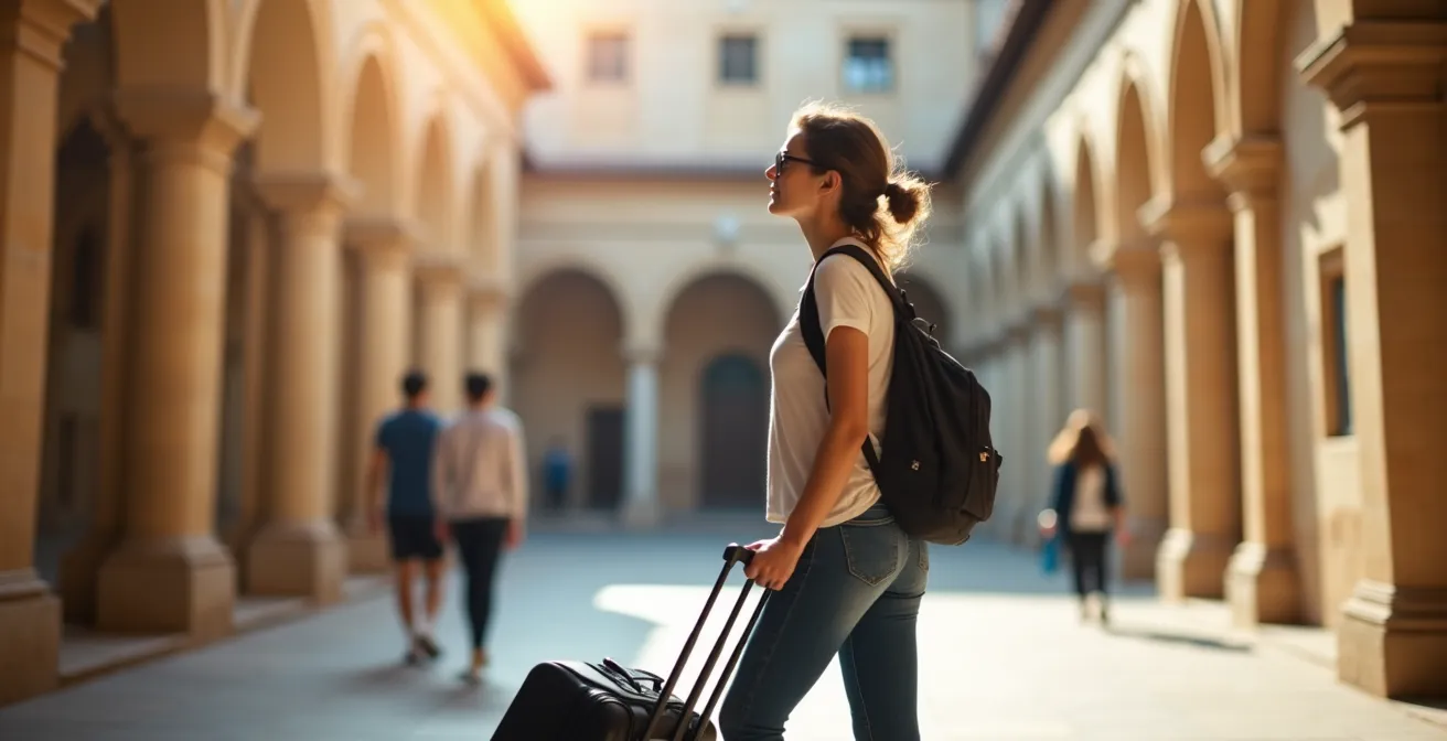 Estudiante con maleta en campus universitario europeo contemplando opciones de movilidad