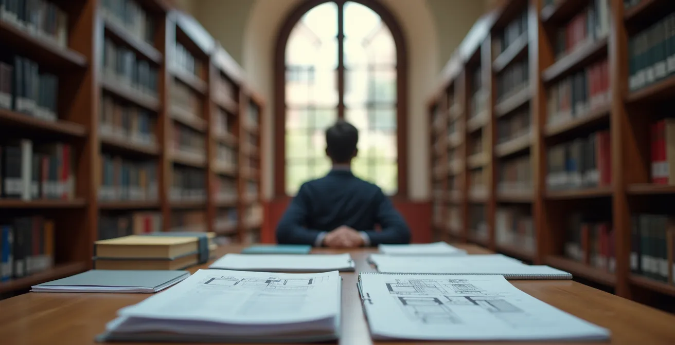 Estudiante analizando información universitaria con documentos y dispositivos sin pantallas visibles