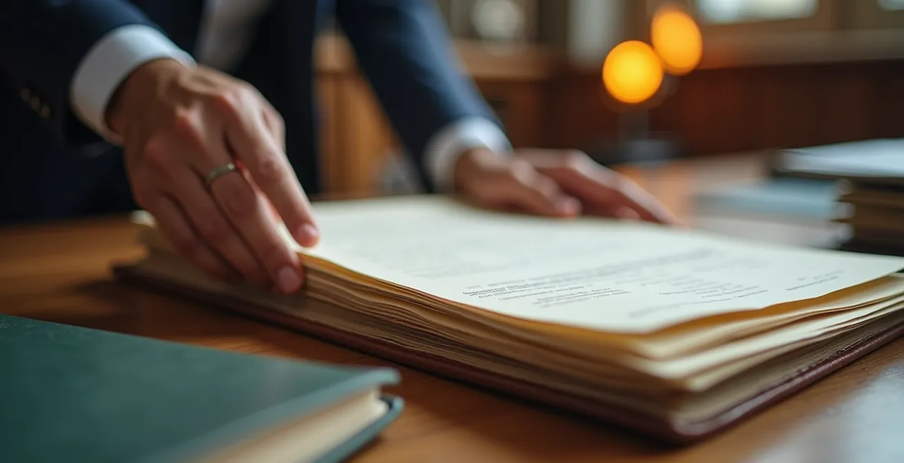 Primer plano de manos organizando documentos oficiales en carpetas sobre escritorio de madera