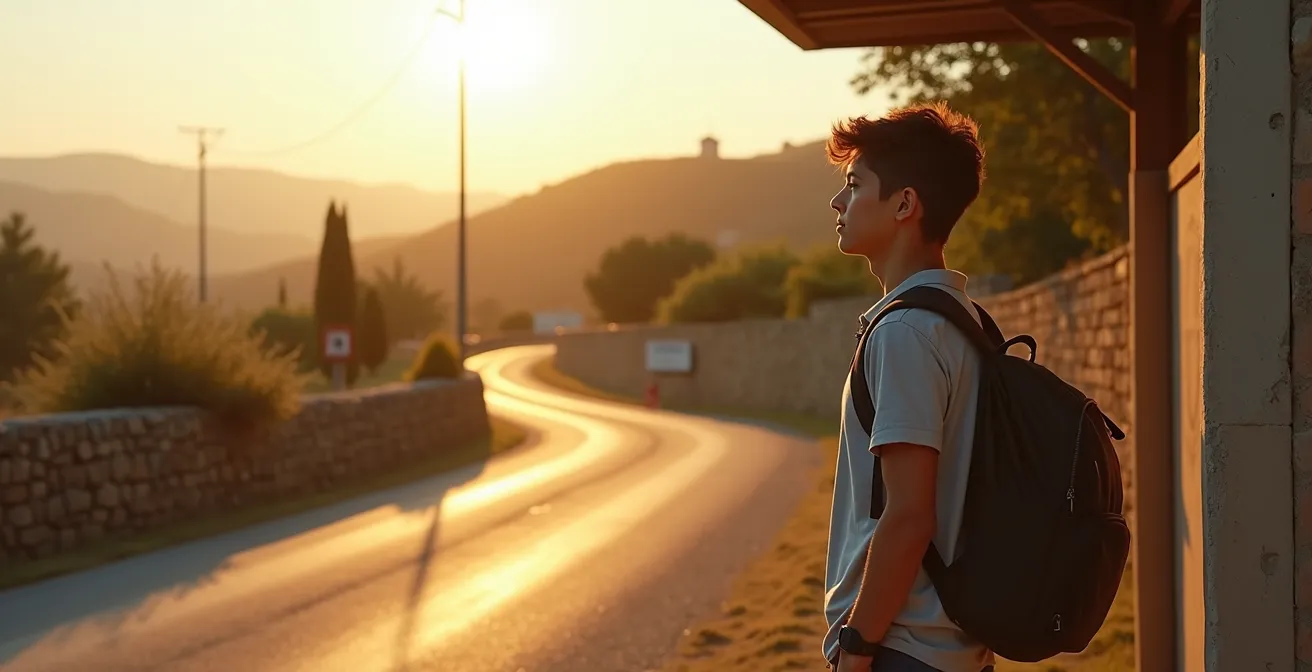 Estudiante esperando el autobús universitario en una zona rural de España, simbolizando la búsqueda de ayudas al transporte.