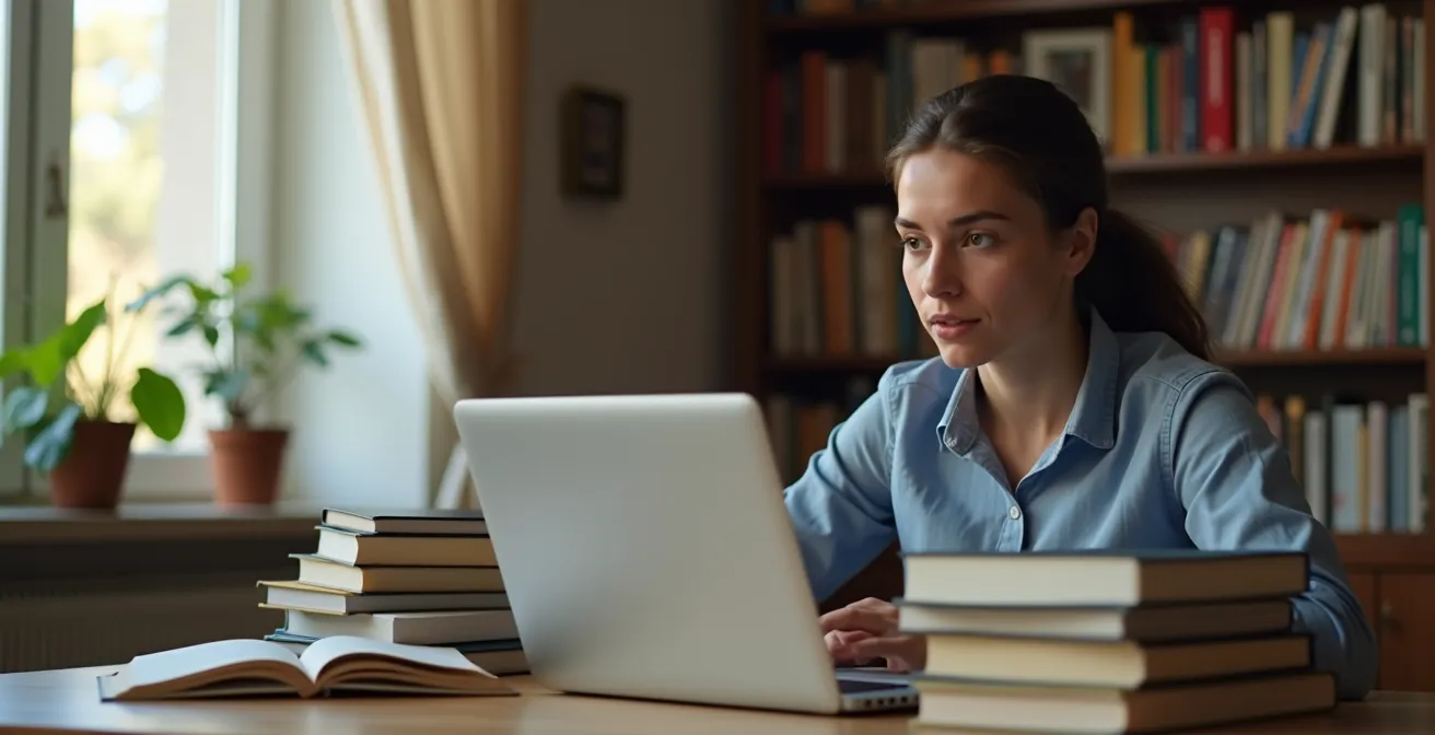 Persona estudiando en casa con ordenador portátil y libros de texto