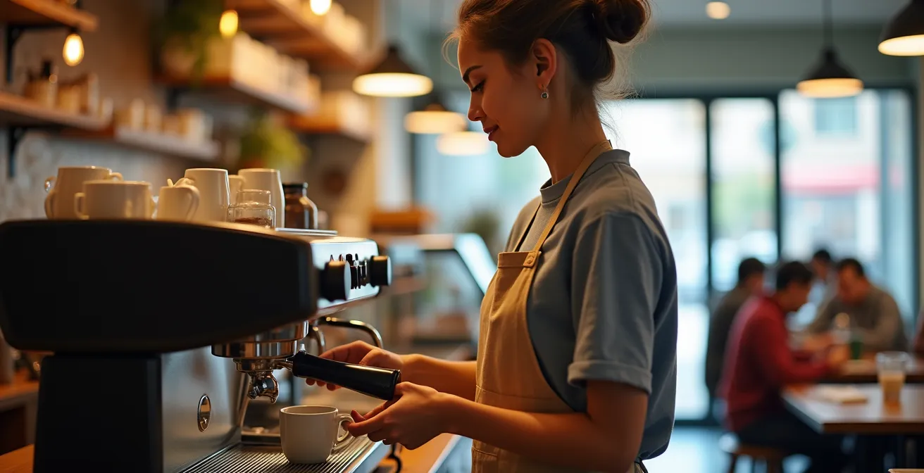 Joven estudiante sonriente trabajando como camarero en la cafetería de su universidad durante un turno.