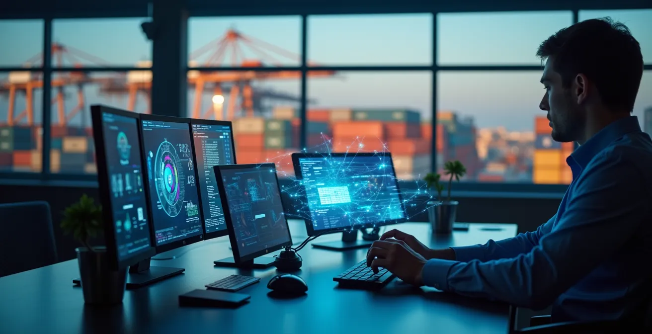 Profesional trabajando con sistemas digitales en centro logístico intermodal