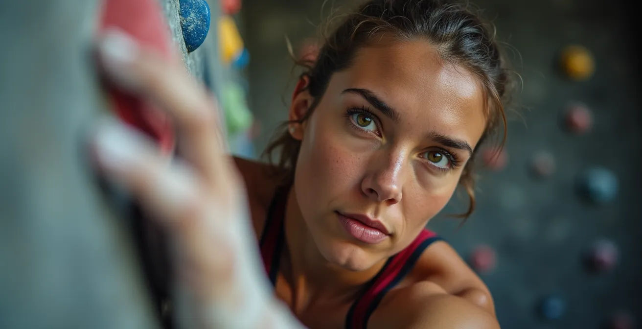 Persona practicando escalada en rocódromo interior con equipo profesional