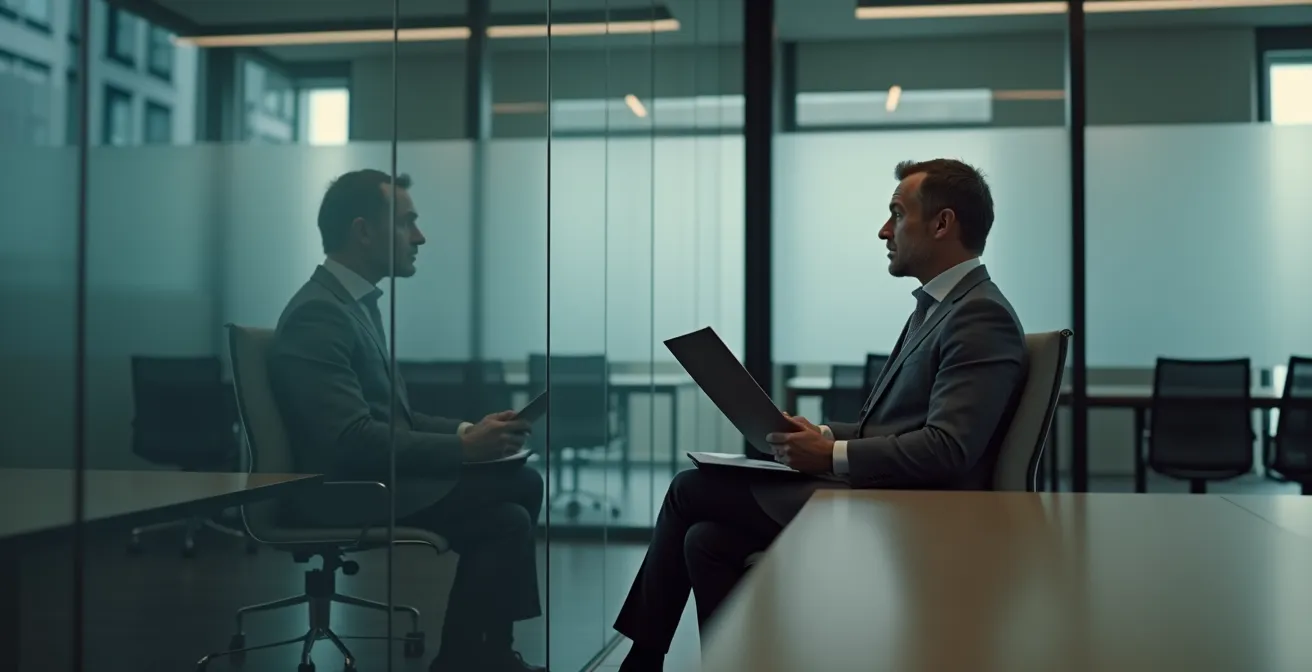 Profesional en oficina vacía mirando calendario repetitivo con expresión reflexiva