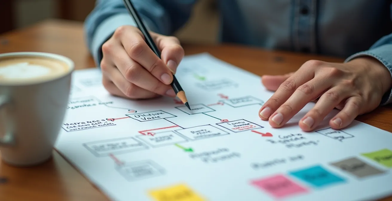 Investigador UX realizando una entrevista con un usuario en un café, con notas y diagramas de flujo sobre la mesa.