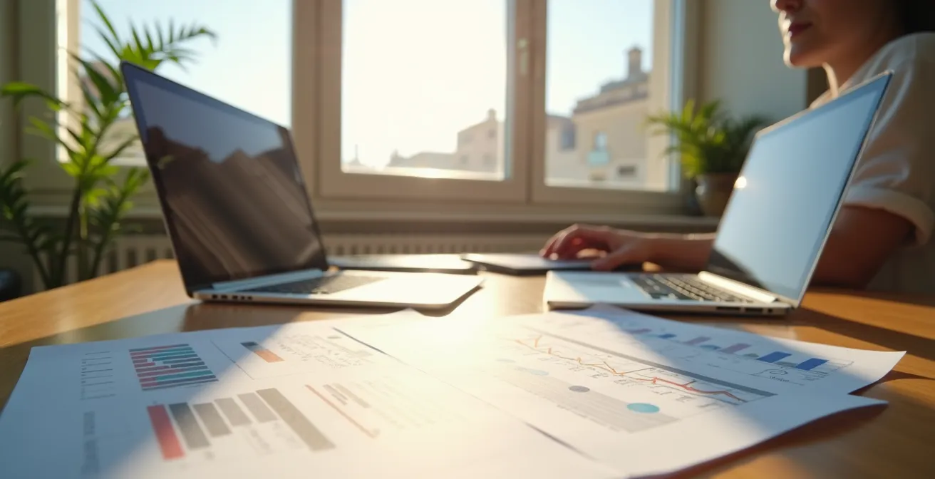 Profesional analizando documentos fiscales con calculadora y gráficos de ahorro tributario