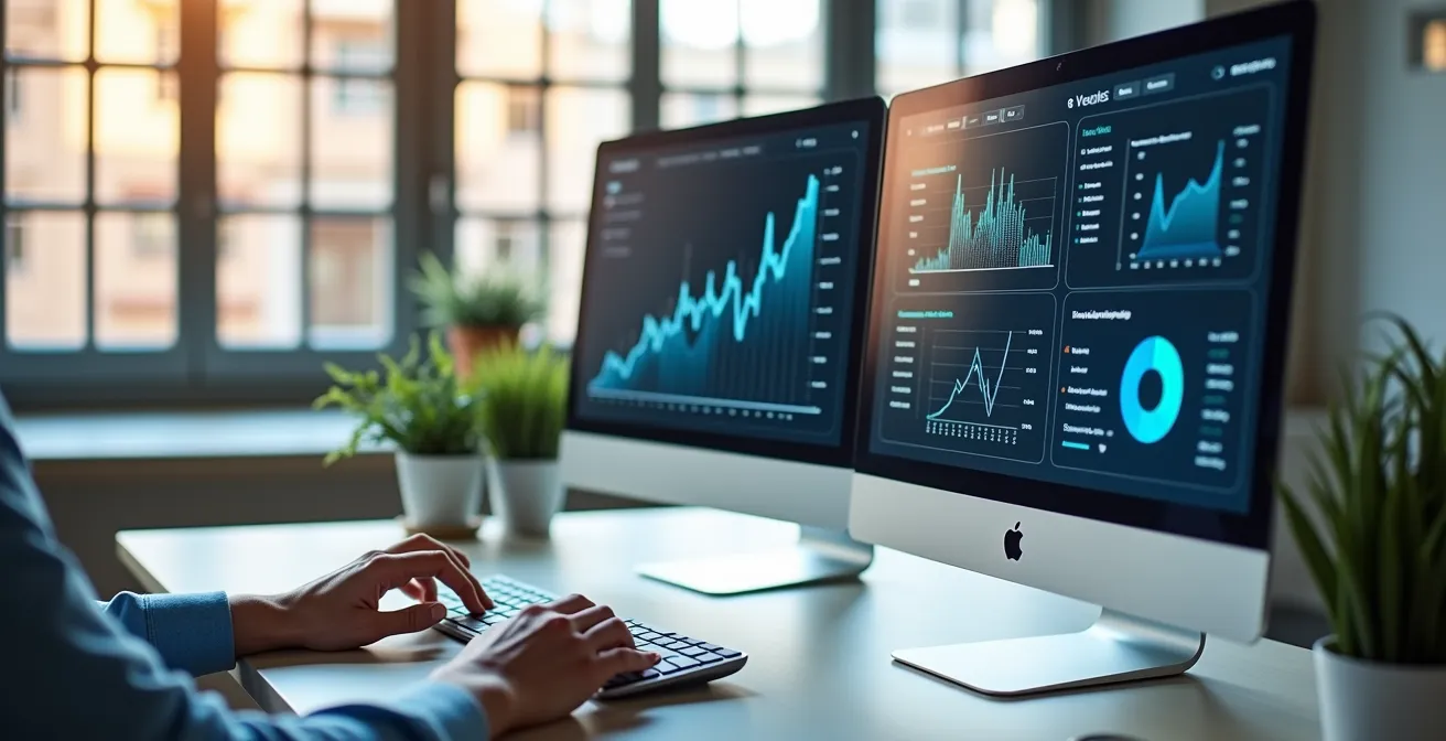 Profesional de marketing trabajando con herramientas de análisis de datos en oficina valenciana