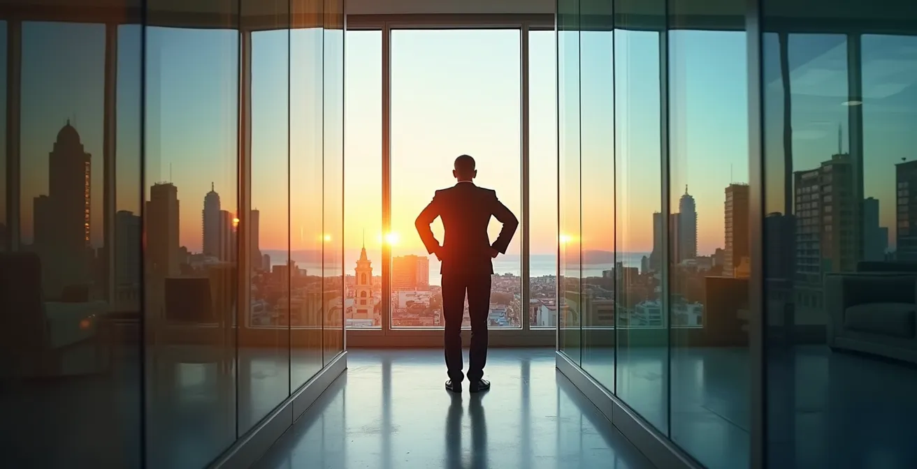 Profesional contemplando dos caminos divergentes simbolizando decisiones de carrera