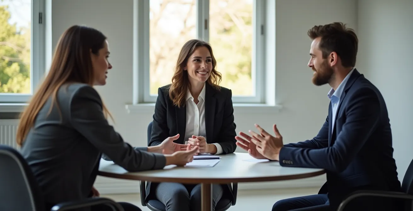 Mediación profesional entre dos empleados en conflicto en un entorno de oficina español
