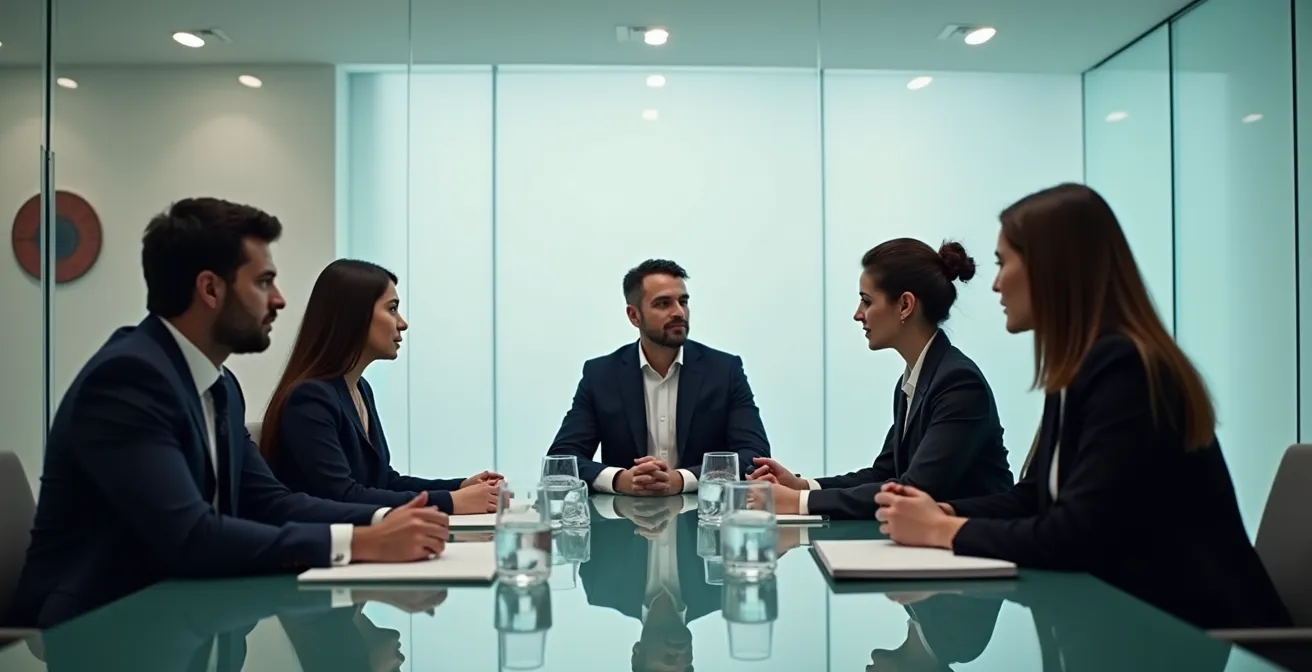 Mediador profesional facilitando diálogo constructivo entre dos colegas en espacio neutral