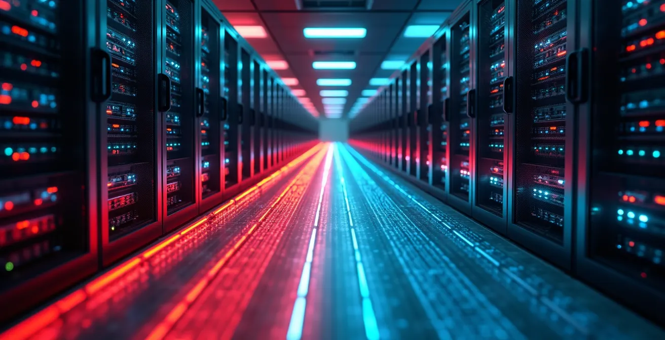 Proceso de migración de sistemas ERP visualizado con elementos abstractos