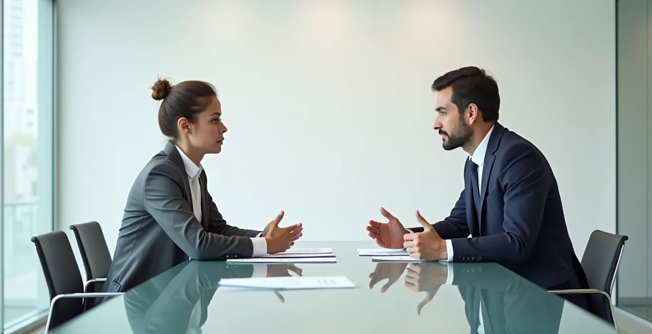 Cliente joven negociando con gestor bancario sobre documentos de préstamo