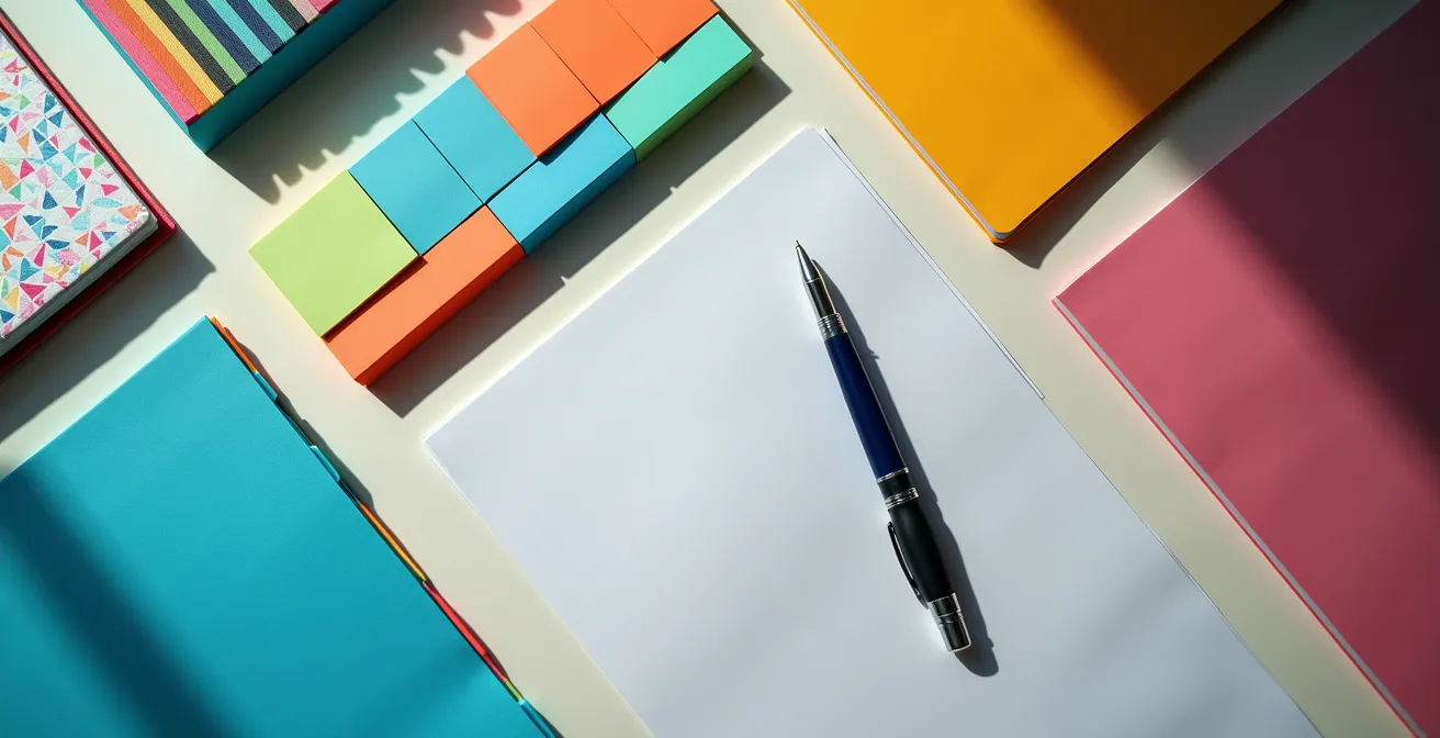 Vista cenital de escritorio organizado con documentos codificados por colores y smartphone mostrando parte trasera