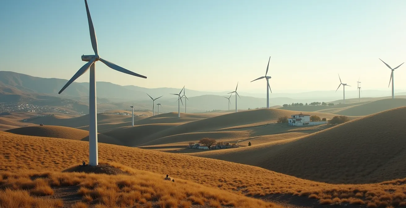 Vista aérea de parque eólico en zona rural española con técnico de mantenimiento