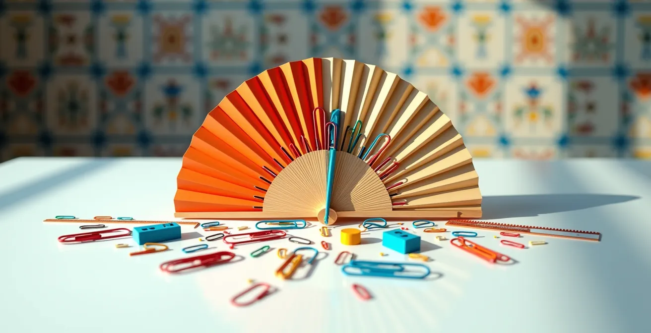 Ejercicio de pensamiento lateral con objetos cotidianos reorganizados creativamente