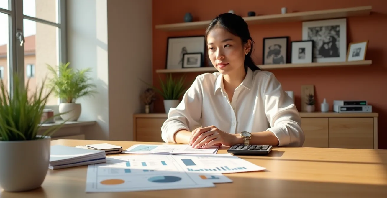 Familia planificando ahorro universitario con calculadora y documentos financieros