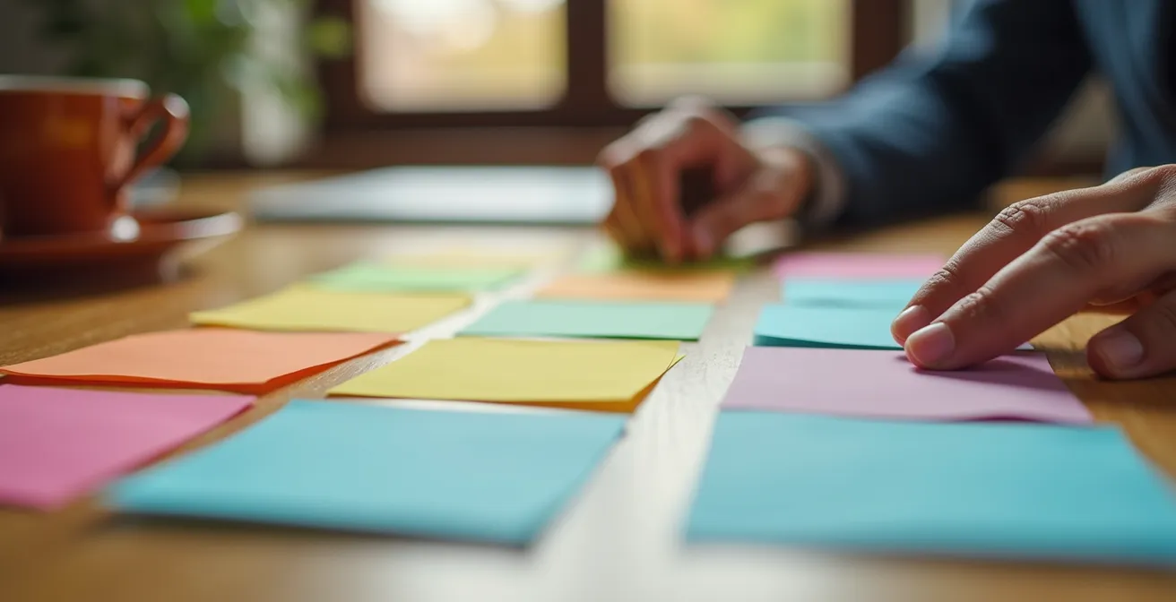 Detalle macro de manos organizando notas adhesivas de colores en superficie de madera
