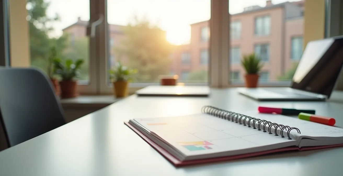Calendario semanal con bloques de tiempo coloreados mostrando distribución entre clases, trabajo y estudio