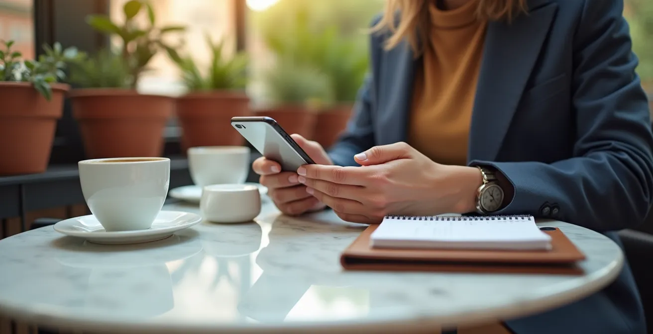Ejecutivo escribiendo mensaje de seguimiento en café de Madrid con vista urbana